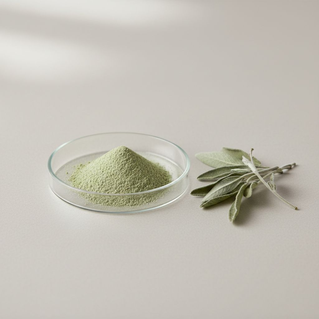 Illustrative studio sample of Sage (Salvia Officinalis) Extract beside Salvia officinalis source material
