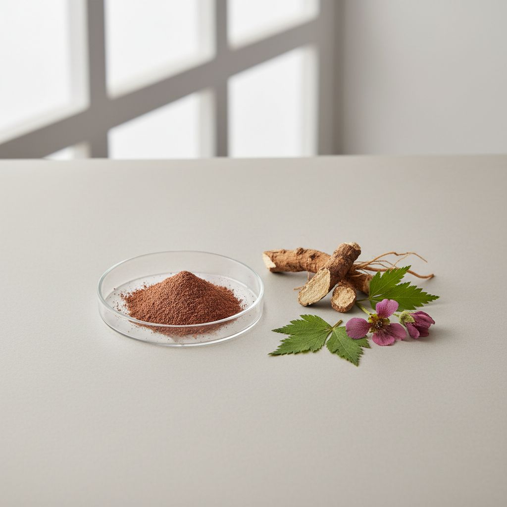 Illustrative studio sample of Sanguisorba Root Extract beside Sanguisorba officinalis source material