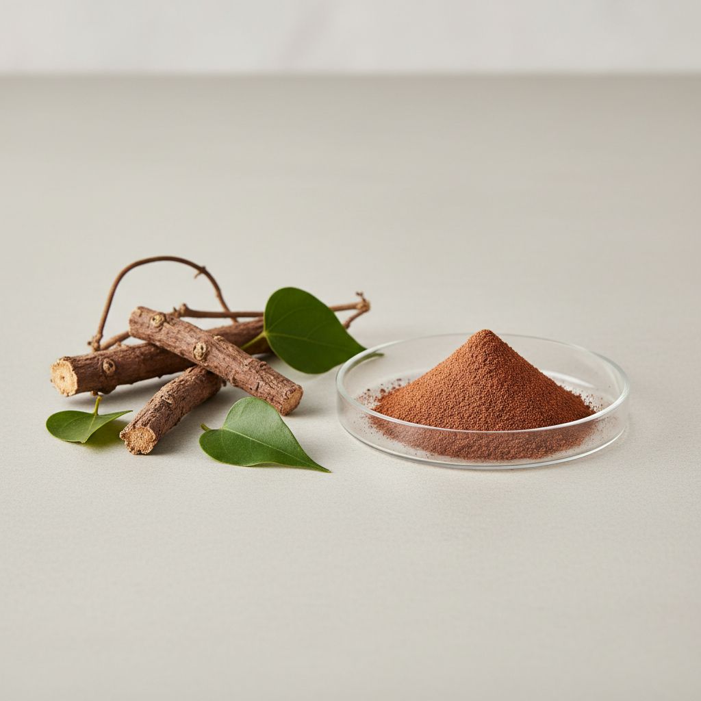 Illustrative studio sample of Sarsaparilla (Smilax Officinalis) Extract beside Smilax officinalis source material