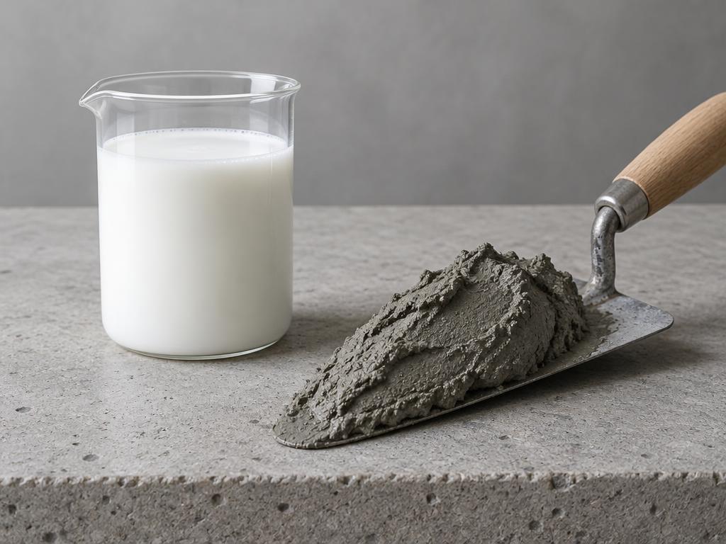 Milky SBR latex beside a trowel of repair mortar — generic product illustration