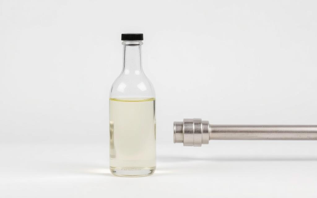 Studio category illustration for scale, corrosion & deposit control — a bottle of colourless treatment liquid beside a clean metal pipe section