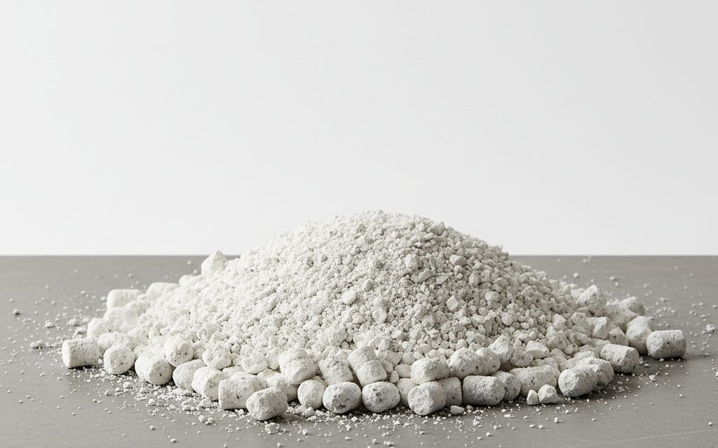 Grade confirmed at quotation — opaque white or grey solid granules and pellets, typically rigid and abrasive, designed for mechanical purging of plastic processing equipment, studio product photograph
