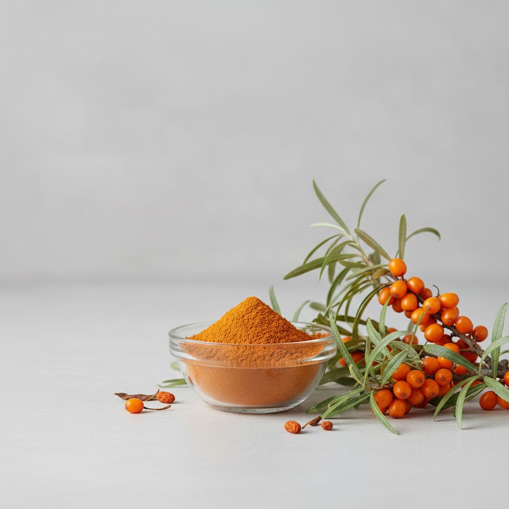 Illustrative studio sample of Sea Buckthorn Fruit Powder beside Hippophae rhamnoides source material