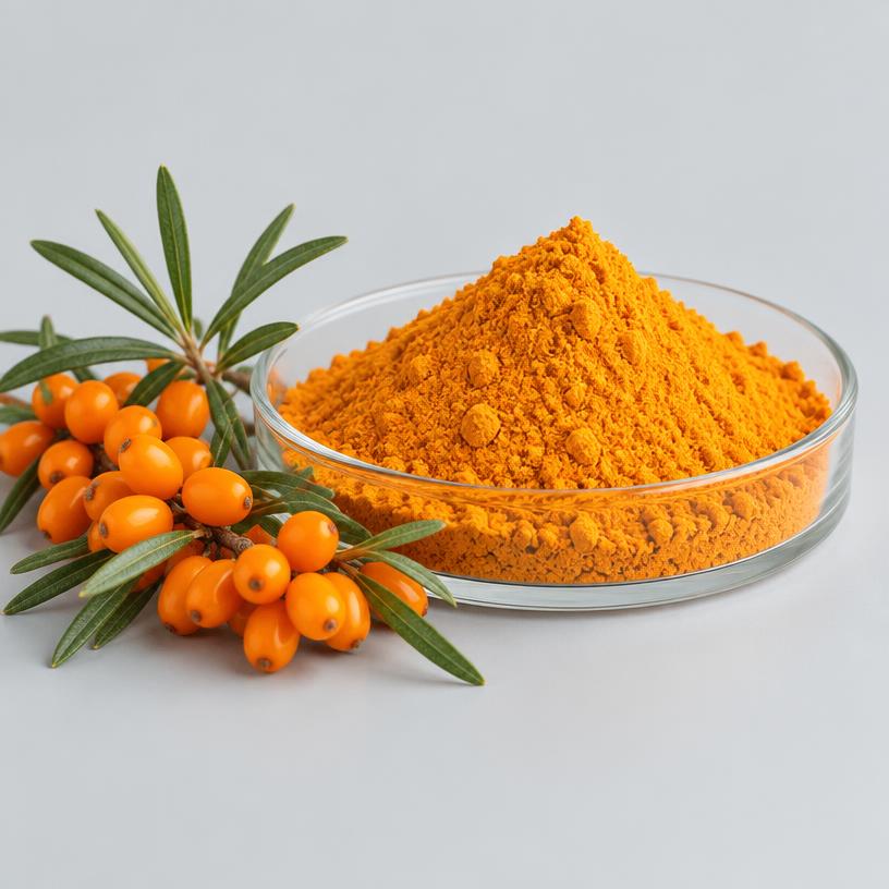 Sea Buckthorn Powder — Supplement Grade — studio photograph of fruit powder, presented as a B2B sourcing category illustration