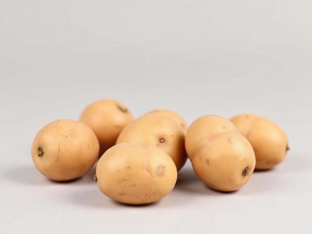 Seed potatoes shown as a neutral studio product photograph of certified planting tubers with visible eyes