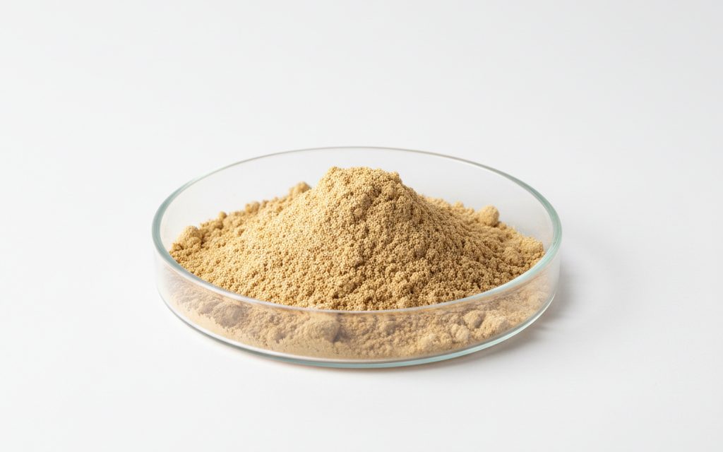 Selenium Yeast — light tan to brownish-yellow fine powder with a characteristic yeast-like odor, appearing as a dry, organic-looking solid, studio product photograph