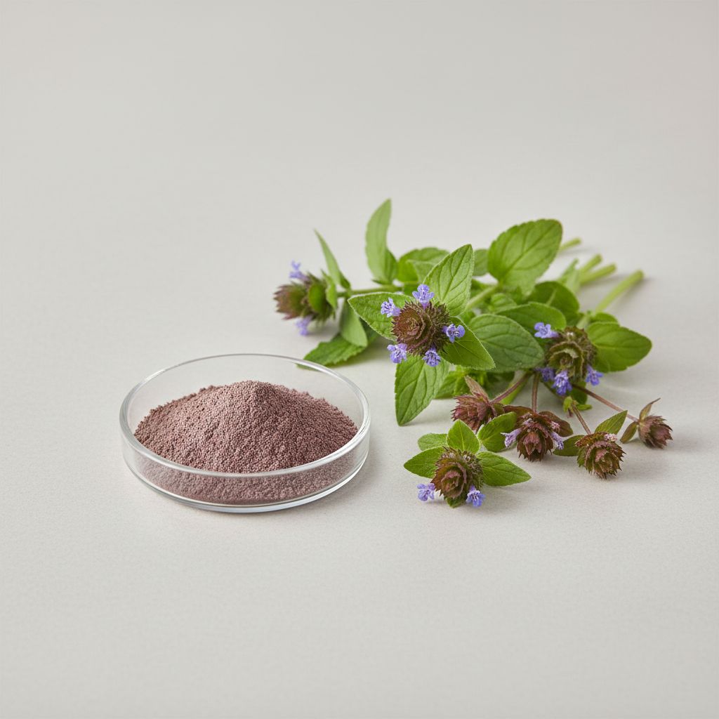 Illustrative studio sample of Selfheal (Prunella) Extract beside Prunella vulgaris source material