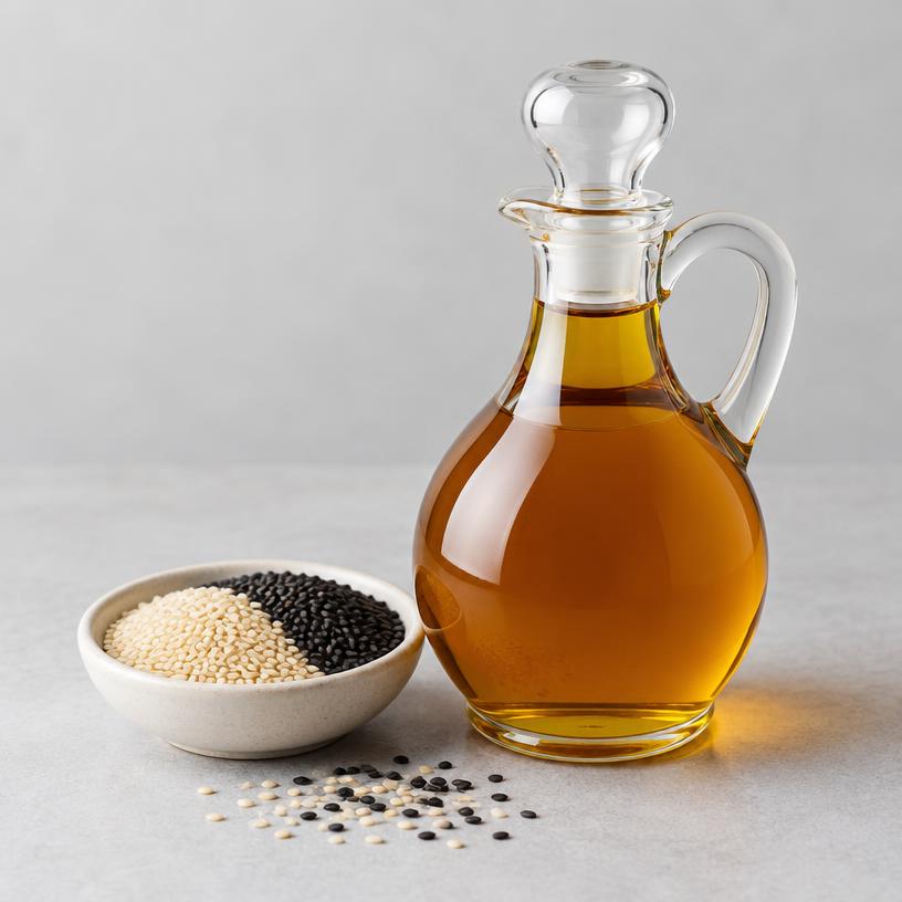 Sesame Oil — Food Grade — studio photograph of pale yellow to amber oil, presented as a B2B sourcing category illustration