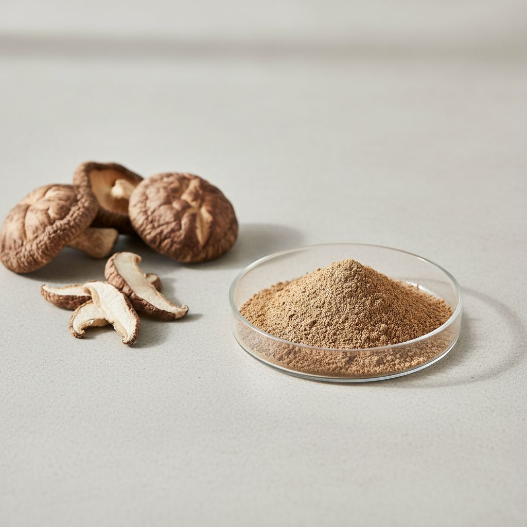 Illustrative studio sample of Shiitake Mushroom Extract beside Lentinula edodes source material