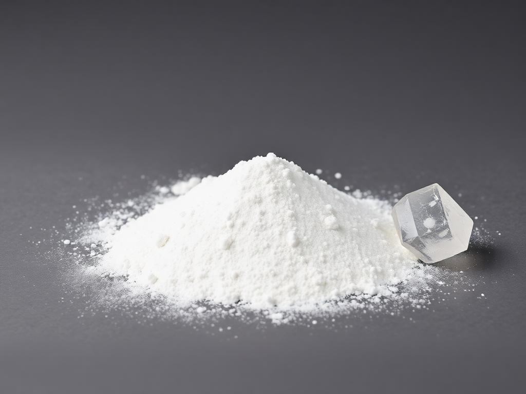 Bright white micronised silica flour powder heaped beside a translucent quartz crystal on a matte dark grey studio surface
