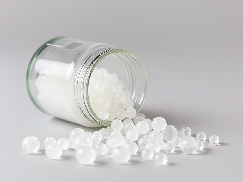 Translucent silica gel desiccant beads spilling from a clear glass jar onto a neutral grey studio surface