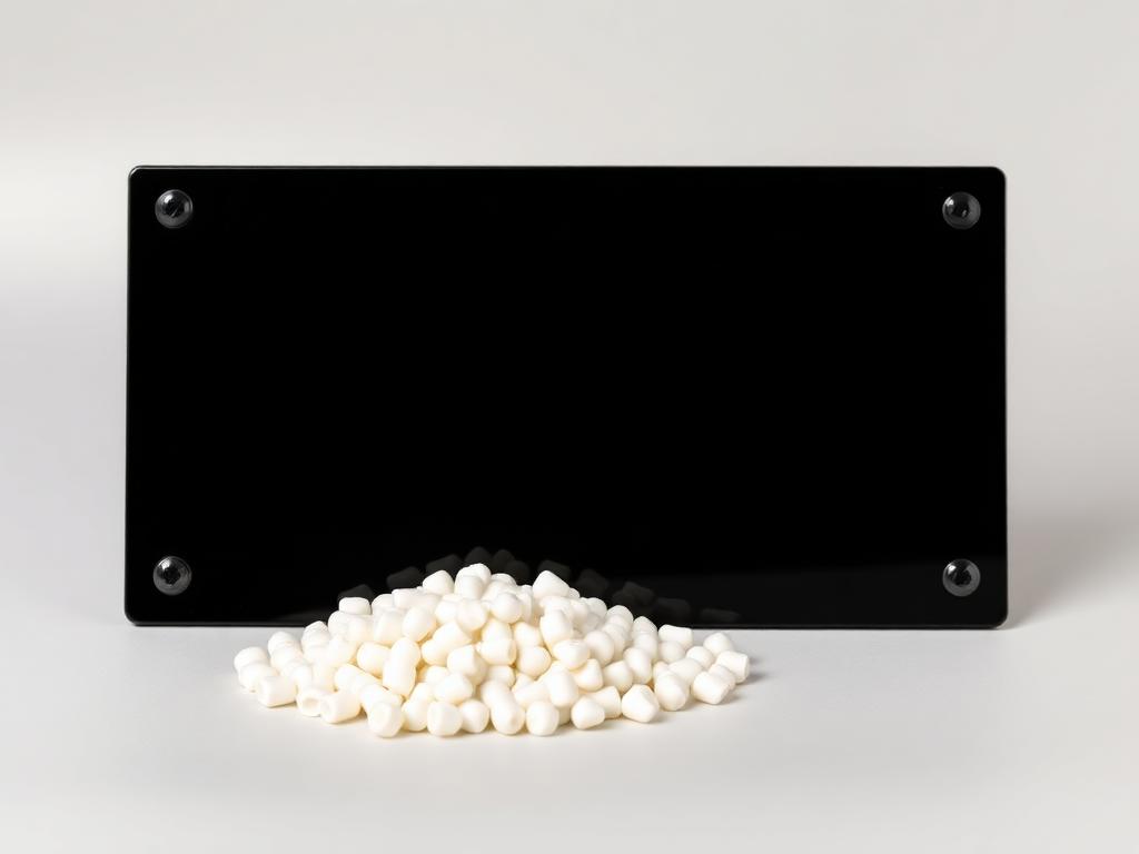 Small heap of milky white silicone masterbatch pellets beside a glossy moulded plaque on a neutral studio background