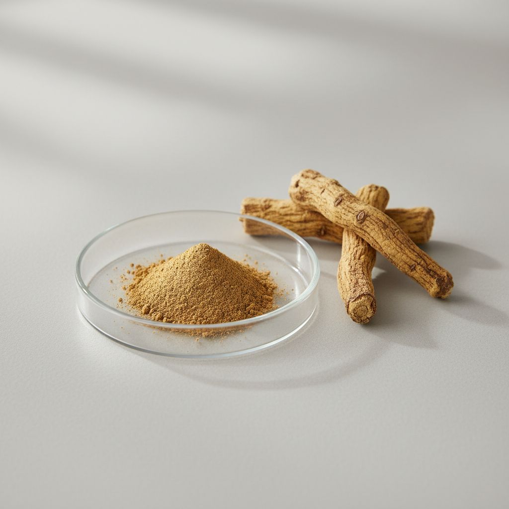 Illustrative studio sample of Baikal Skullcap Root Extract beside Scutellaria baicalensis source material