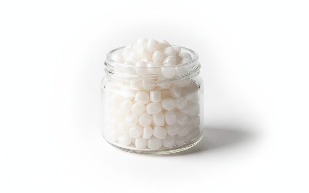 Grade confirmed at quotation — small white or translucent thermoplastic pellets with a smooth, slippery surface finish to facilitate high-speed industrial processing, studio product photograph