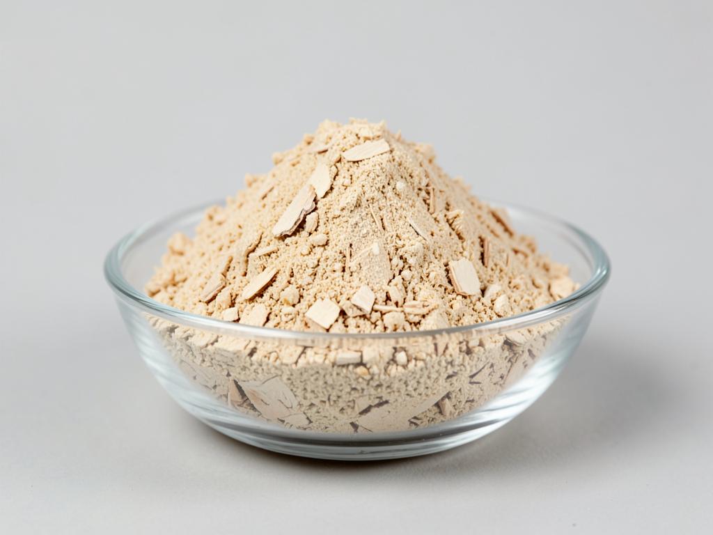Slippery Elm Bark Powder shown as a dried milled botanical powder in a shallow dish in a neutral studio photograph