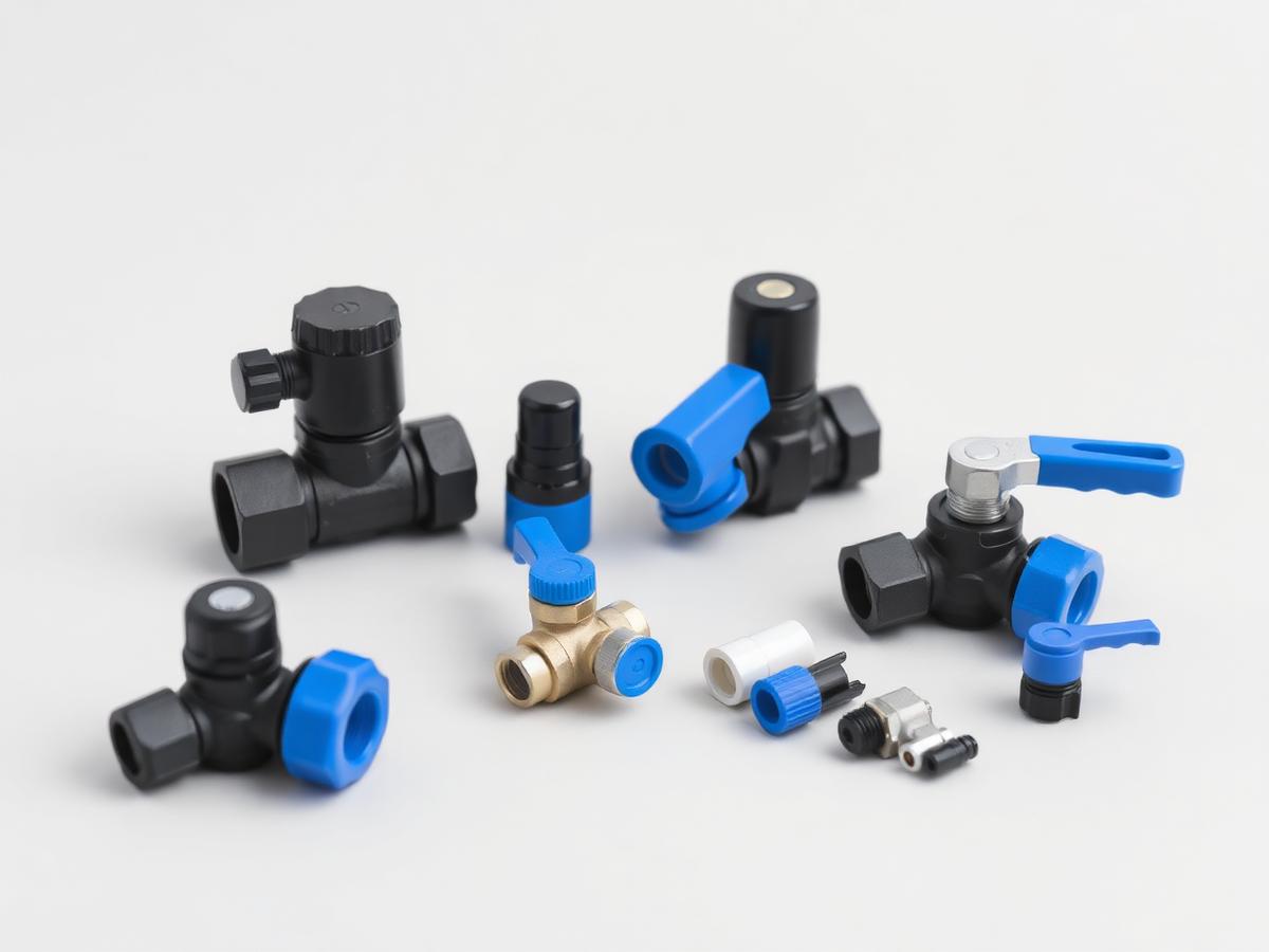 Small plastic valves, check valves and fluid-control components — product illustration