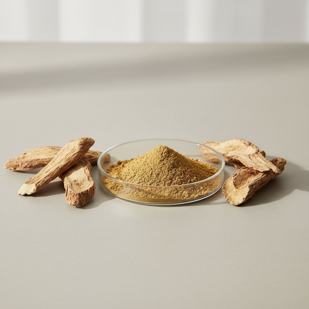 Illustrative studio sample of Smilax Glabra Rhizome Extract beside Smilax glabra source material