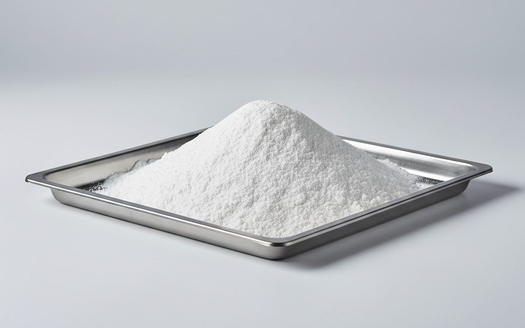 Soda Ash Light 99.2% — fine, white alkaline powder with a lower bulk density than its dense counterpart, appearing similar to pulverized chalk, studio product photograph