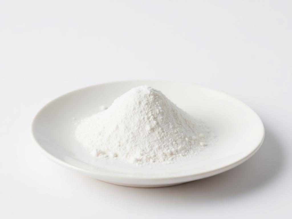 Sodium acid pyrophosphate SAPP food grade white powder on a white plate