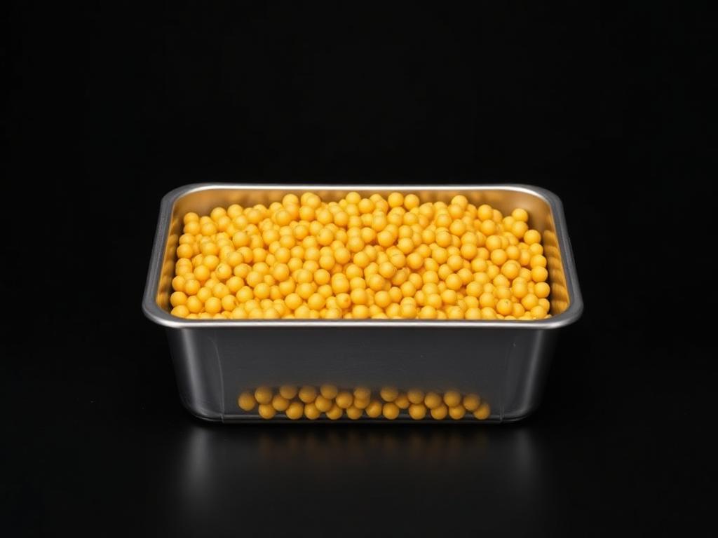 Mustard-yellow sodium amyl xanthate pellets filling a stainless steel laboratory tray against a dark neutral studio background