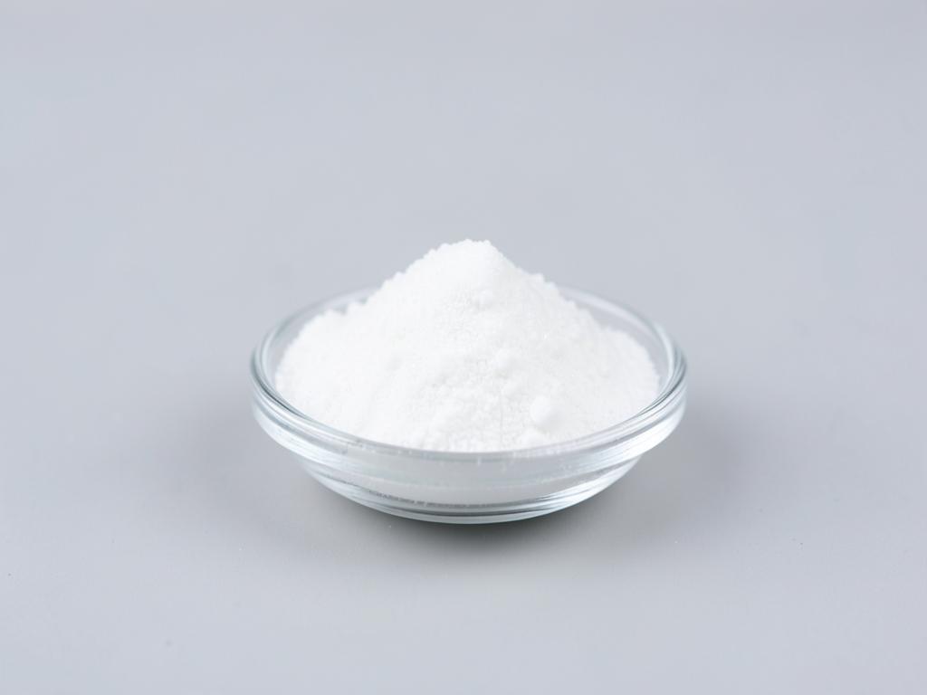 Sodium ascorbate shown as bright white fine crystalline powder in a small glass dish in a neutral studio photograph