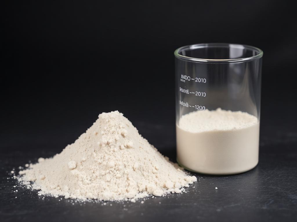 Grey sodium bentonite clay powder heaped beside a clear glass beaker of hydrated swollen clay gel on a dark slate studio surface