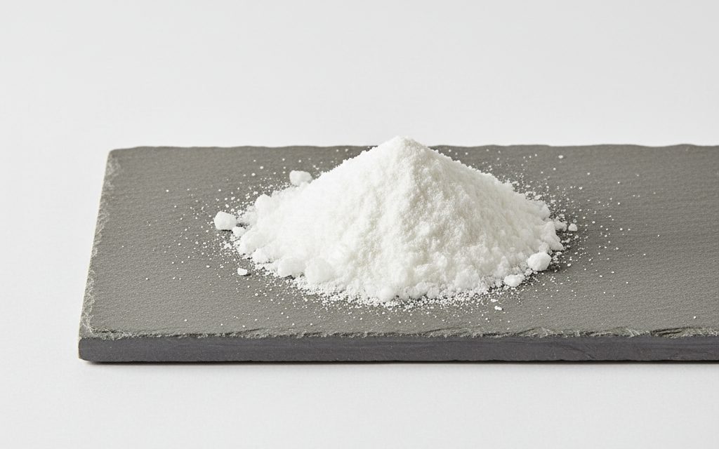 Grade confirmed at quotation — a white, odorless crystalline powder, granules, or flakes with a sweetish, astringent taste, studio product photograph