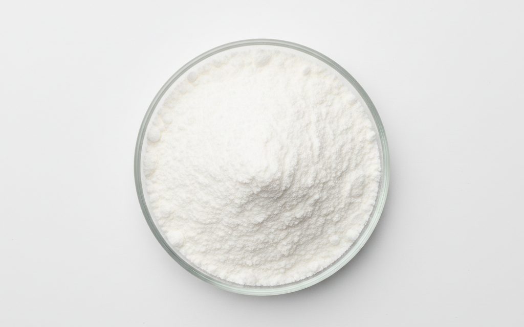 Food Grade USP / FCC — fine, odorless white crystalline powder with a slightly salty taste and a consistent, free-flowing flour-like texture, studio product photograph