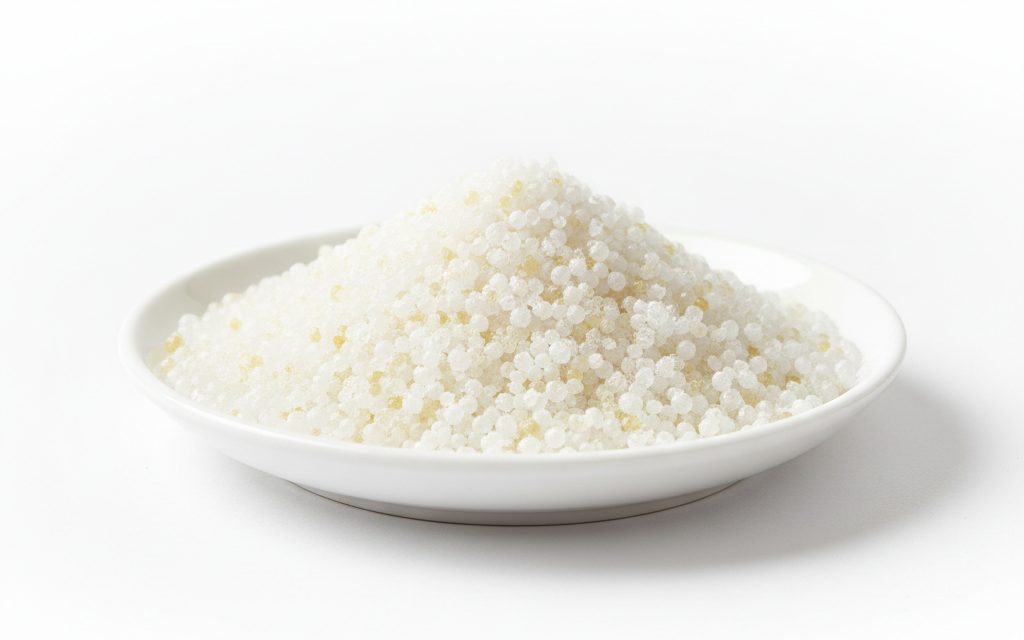 Grade confirmed at quotation — dry, white to yellowish spherical beads or granular crystals; resembles coarse sugar and flows easily without clumping, studio product photograph