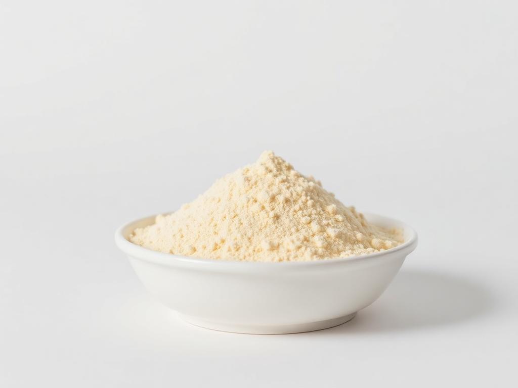 Pale cream-yellow sodium butyl xanthate powder heaped in a white ceramic dish on a light neutral studio background