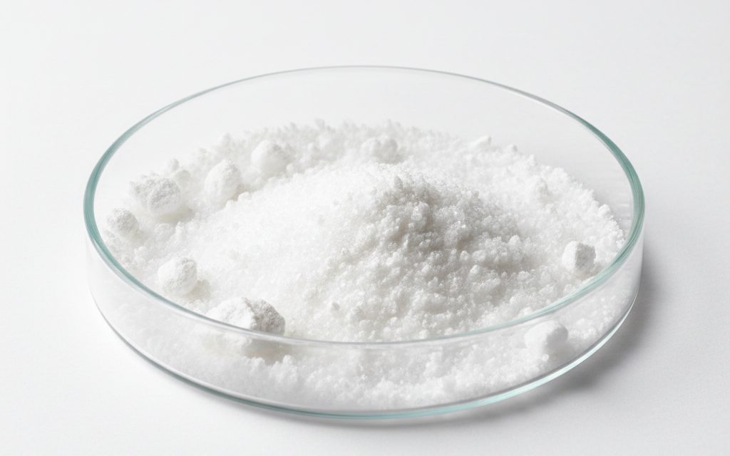 Grade confirmed at quotation — free-flowing white crystalline powder or granular solid, odorless with a characteristic saline taste and high water solubility, studio product photograph
