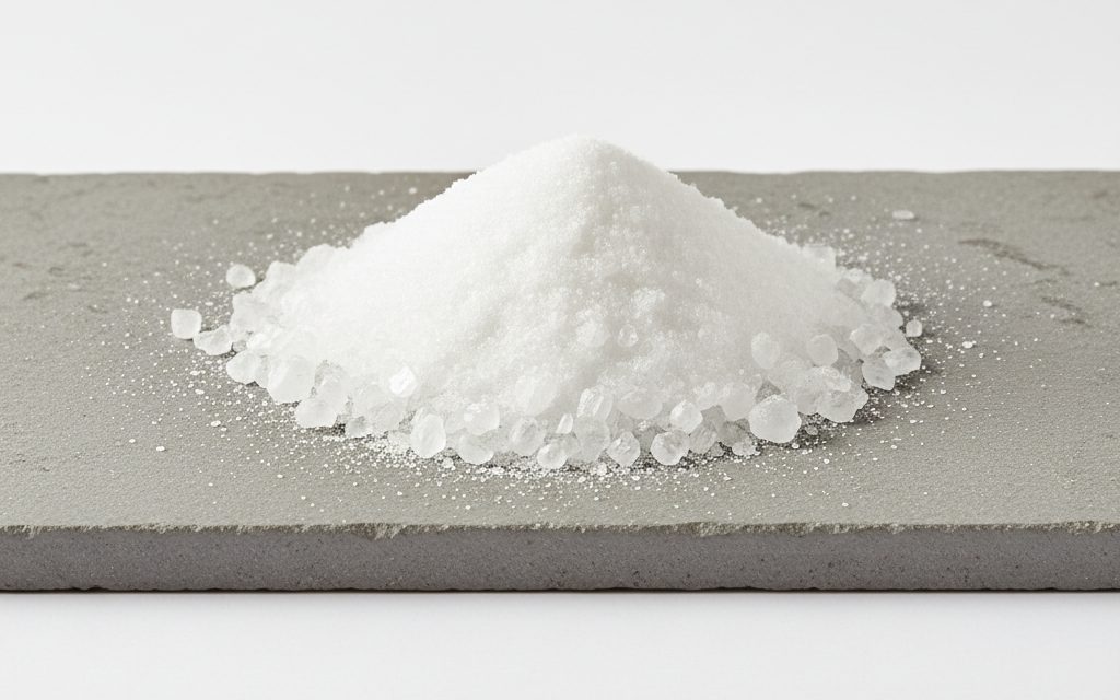 Grade confirmed at quotation — white, odorless crystalline granules or powder with a cool, saline taste, typically available as the dihydrate form, studio product photograph