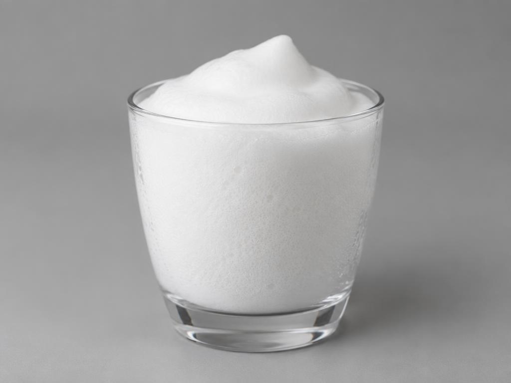 Sodium Cocoyl Alaninate — studio photograph of a fine dense white surfactant foam in a clear glass cup