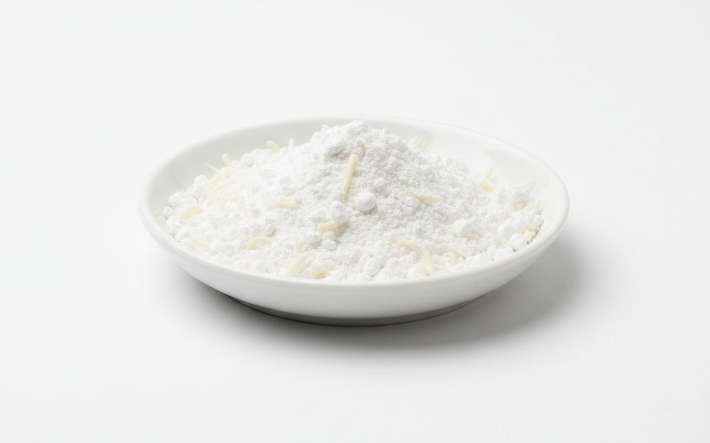 Grade confirmed at quotation — fine white powder, small granules, or noodles with a mild odor, appearing bright white and feeling slightly waxy, studio product photograph