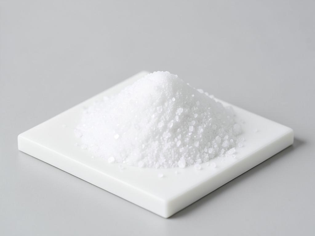 Sodium diacetate shown as a white crystalline powder mound in a neutral studio photograph