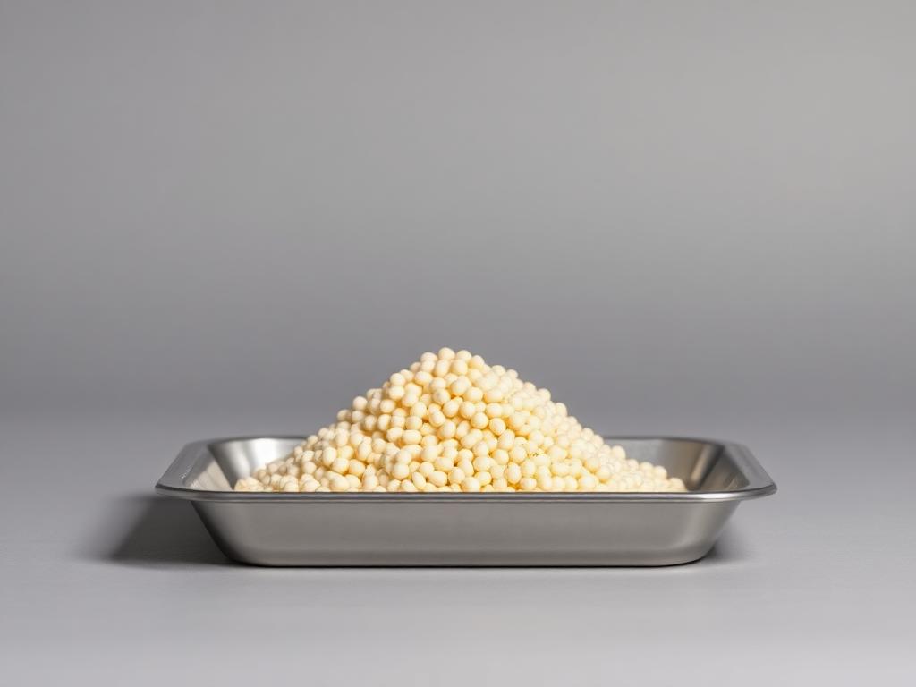 Pale cream-yellow sodium ethyl xanthate pellets heaped in a shallow stainless steel tray on a neutral grey studio background
