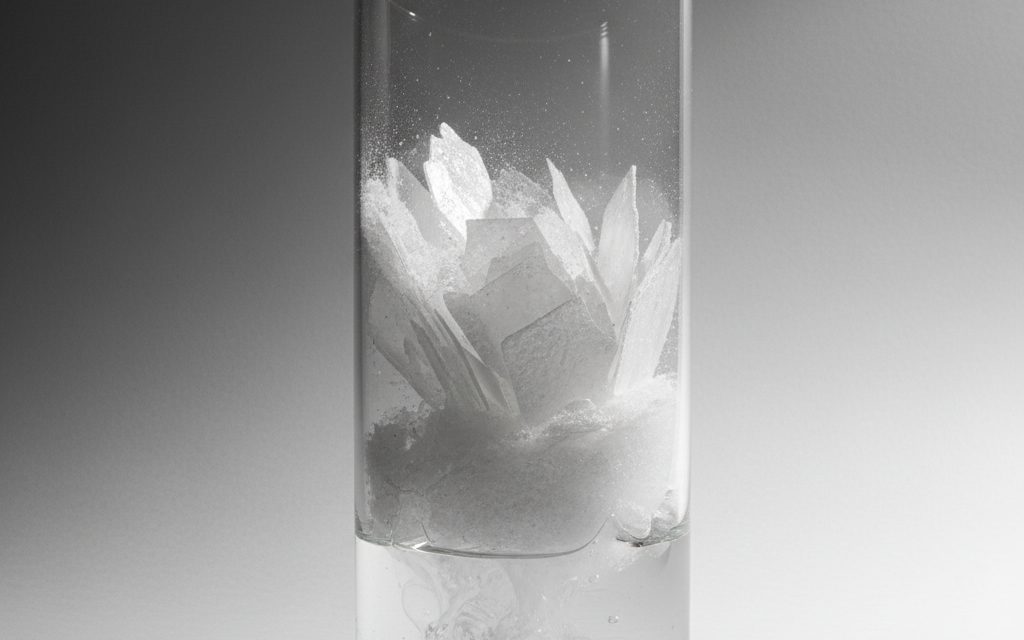 Grade confirmed at quotation — white, odorless glass-like plates, flakes, or fine powder; dissolves slowly in water to form a clear, slippery solution, studio product photograph