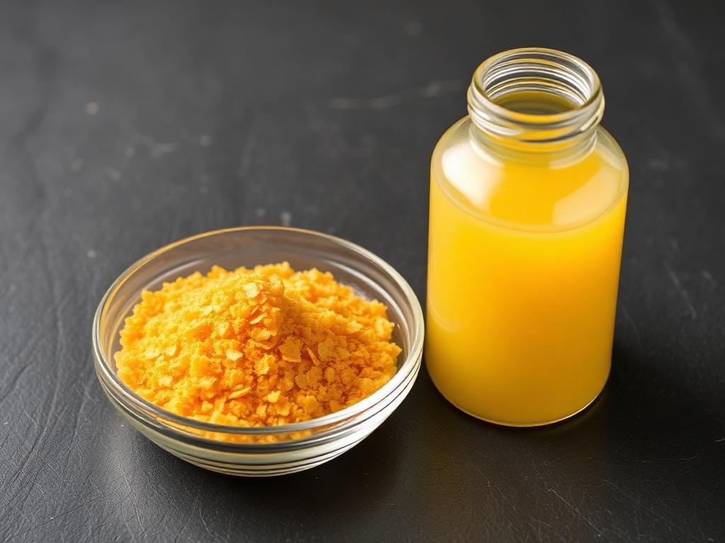 Amber sodium hydrosulfide flakes in a glass dish beside a bottle of amber aqueous solution on a dark slate studio surface