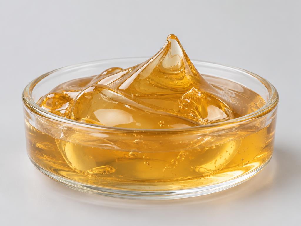 Sodium Hydroxypropylsulfonate Laurylglucoside Crosspolymer — studio photograph of a thick translucent amber surfactant gel forming a peak in a glass dish