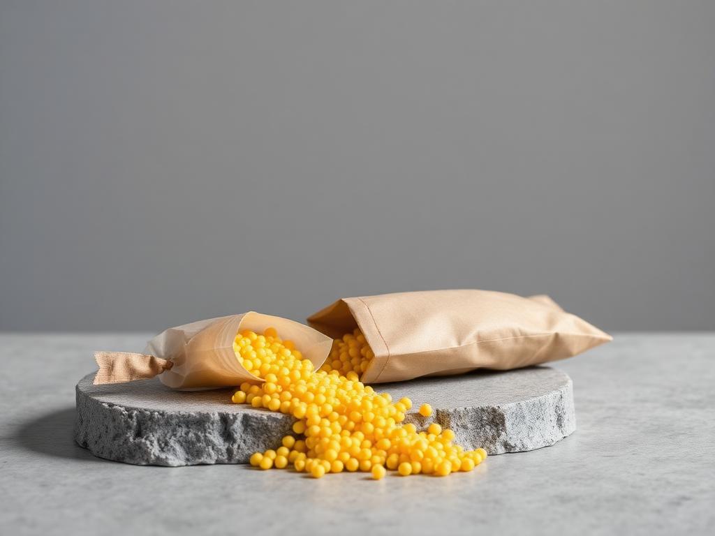 Bright yellow sodium isobutyl xanthate pellets spilling from a kraft sample bag onto a grey stone slab in a studio setting