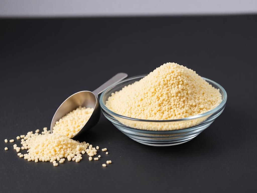 Light yellow sodium isopropyl xanthate granules in a clear glass dish beside a metal scoop on a dark studio surface