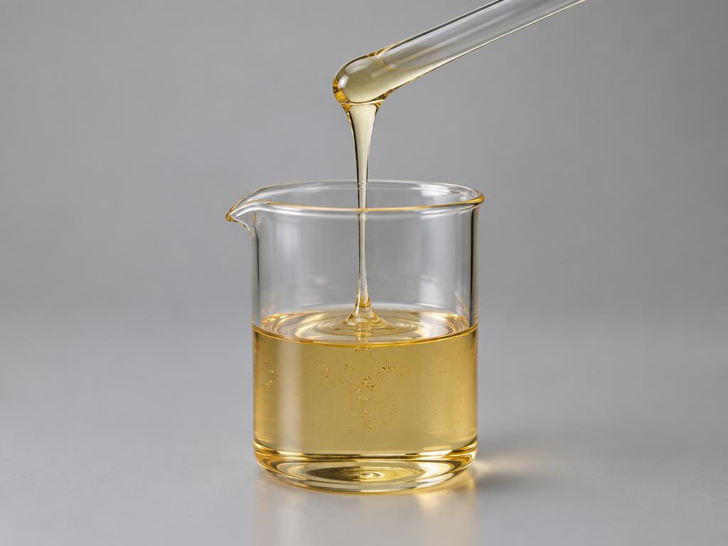 Sodium Laureth-6 Carboxylate — studio photograph of a viscous pale amber liquid dripping from a glass rod into a beaker