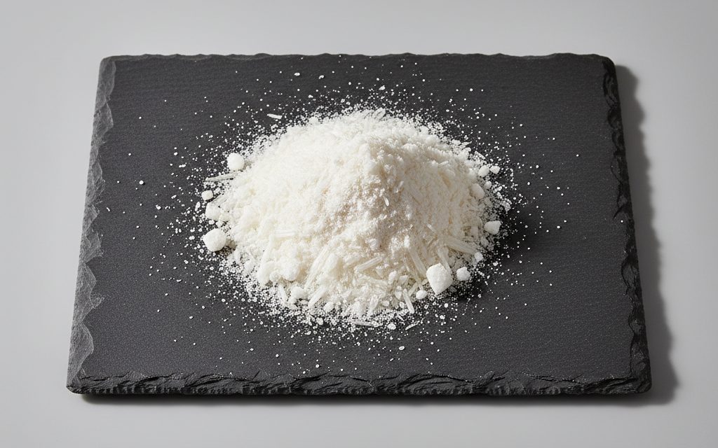 Grade confirmed at quotation — white to off-white needles, fine powder, or small granules with a faint fatty odor, appearing opaque and dry to touch, studio product photograph