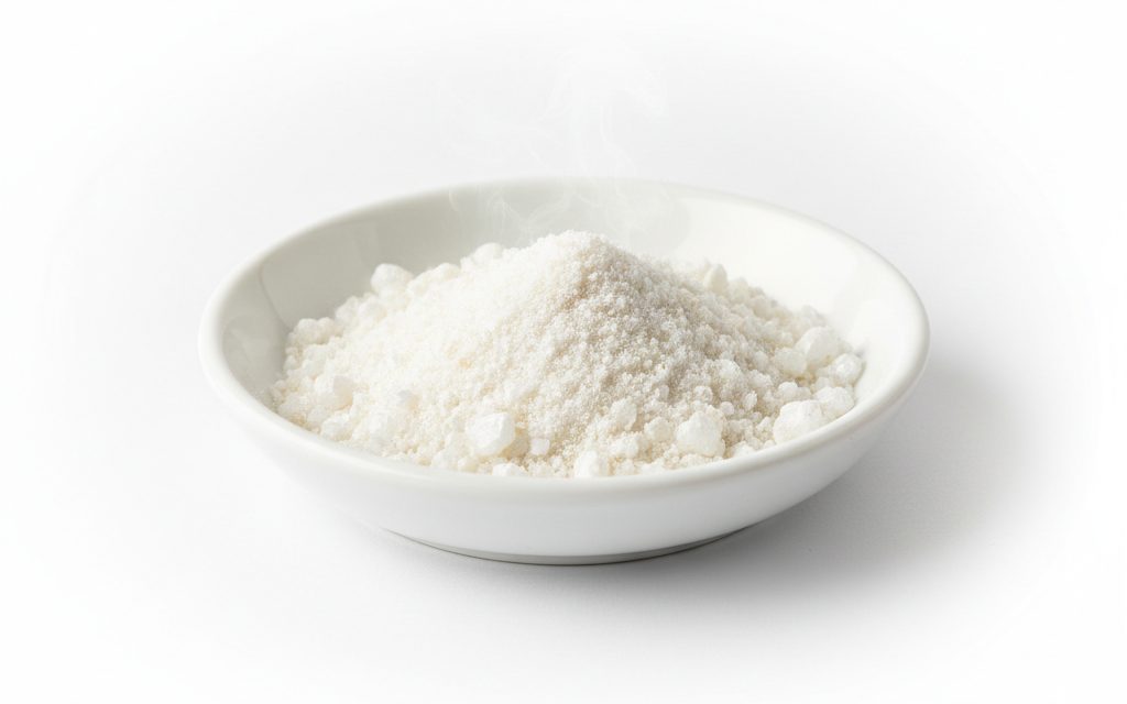 Grade confirmed at quotation — white to creamy-white crystalline powder or small crystals with a faint sulfurous odor and dry, sandy texture, studio product photograph