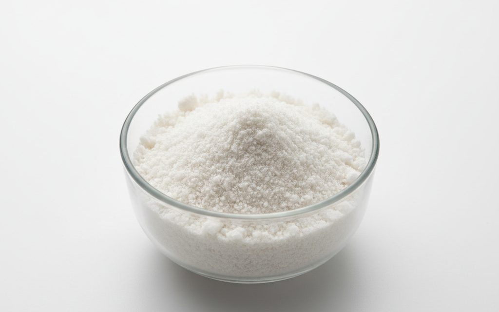 Sodium Selenite — white to off-white crystalline powder, typically appearing as a heavy, dry, and fine inorganic solid in a beaker, studio product photograph