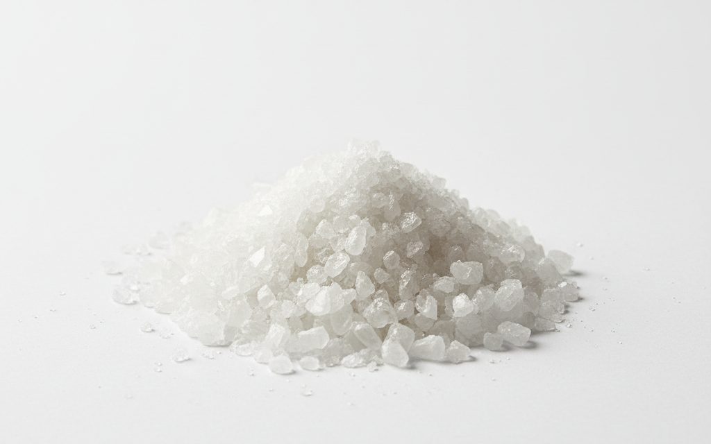Grade confirmed at quotation — translucent, colorless monoclinic crystals or white coarse powder, appearing like large salt grains and feeling cool to touch, studio product photograph