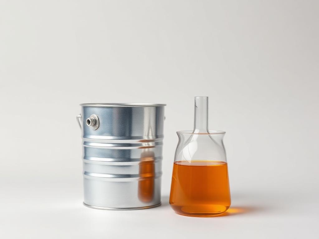 Metal pail and beaker of amber solvent-borne laminating adhesive on a neutral studio background