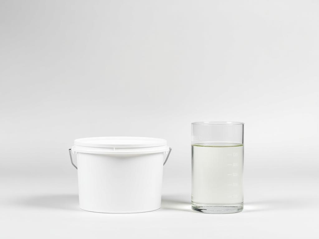 Pail and glass beaker of clear solventless polyurethane laminating adhesive on a neutral studio background