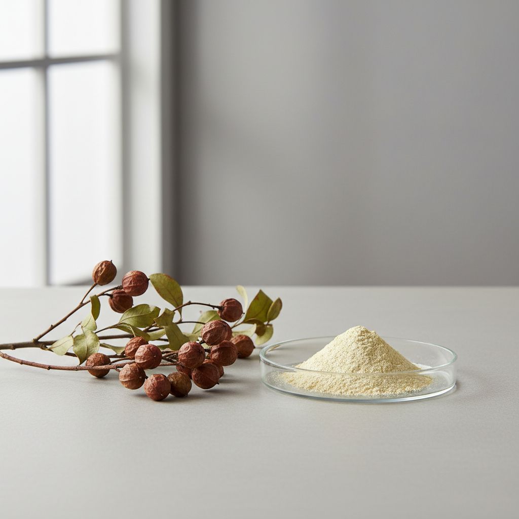 Illustrative studio sample of Sophora Japonica Fruit Extract beside Styphnolobium japonicum source material