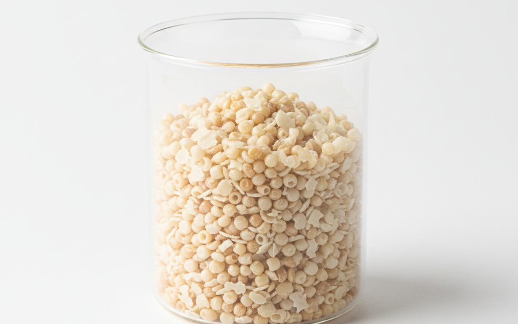 Grade confirmed at quotation — waxy, cream to light tan colored small beads, flakes, or hard pellets with a mild fatty odor, studio product photograph